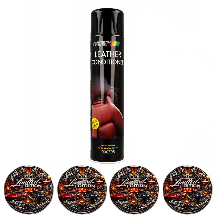 Spray Ingrijire Piele MOTIP Leather Conditioner, Fara Silicon, cu Vaselina si Parfum, pentru Piele Naturala si Imitatie de Piele, Curata, Protejeaza si Conditioneaza, 600 ml, 4x Stickere auto