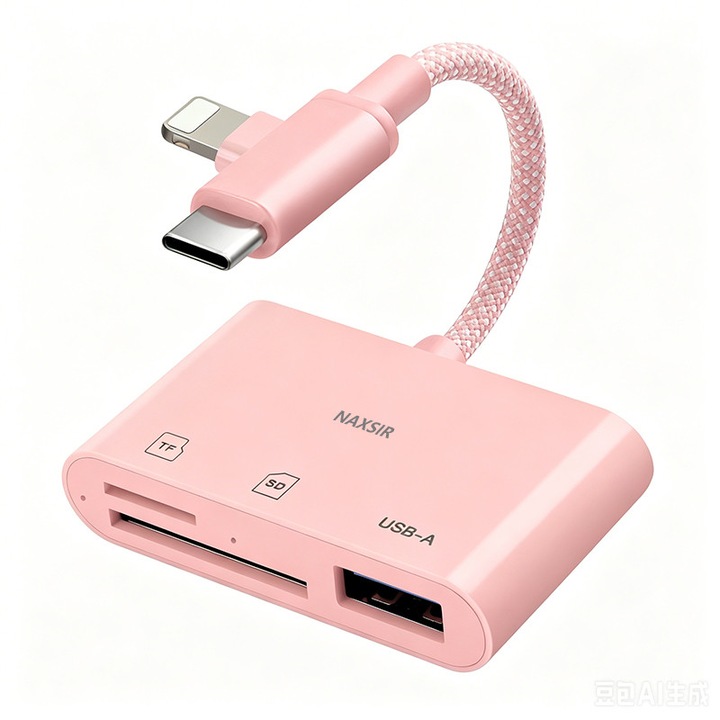 NAXSIR kártyaolvasó, 2 foglalatos, SD/MMC/MicroSD kompatibilis, 1 USB-A port, egyidejű olvasás, nagy sebességű, rózsaszín