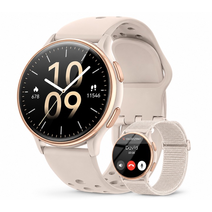 Ceas Smartwatch Xenomo® Fit Prime, Display 1.83", Apelare Bluetooth, Monitorizare Puls si Oxigen Sange (SpO2), 100+ Moduri Sportive, Tracker Somn si Ciclu Menstrual, Notificari Inteligente, Rezistent la Apa IP68, 2 curele, Bej/Auriu