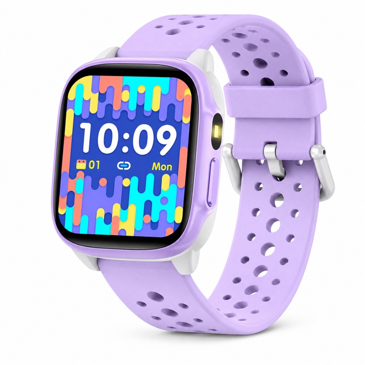 Smartwatch Copii Xenomo Kiddo Fit, Peste 100 Moduri Sport, Lanterna Integrata, Monitorizare Somn si Puls, Pedometru, Ecran Touch Color, Rezistent la Apa IP68, Jocuri Educative, Notificari Mesaje, Memorie 128M, Curea Silicon Confortabila, Mov