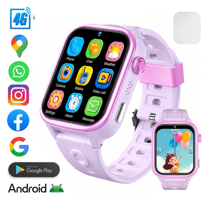 Ceas smartwatch copii cu localizare GPS si telefon ZENARK® A6 PRO, OS Android, Ecran 1.72 inch RETINA, 2GB RAM+16GB ROM, WI-FI, 4G, Roaming, Apel video, Whatsapp, Google, Magazin Play, Camera UHD, Functie SOS, Functie spion, Perimetru sigur, Roz