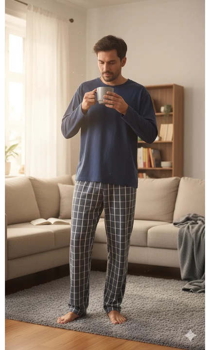 Pantaloni pijama barbati gri i cu carouri albe