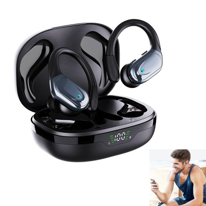 Vezeték nélküli sport fülhallgató, 13mm, fekete, 54h, IPX5