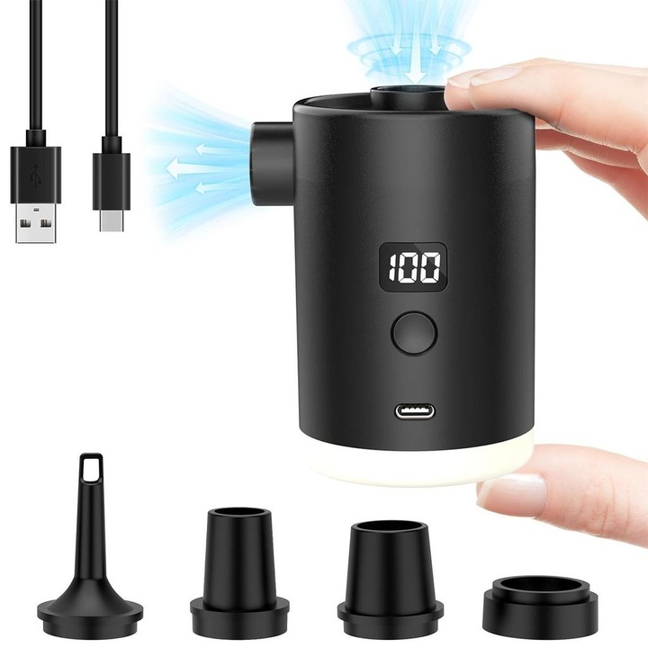 Mini hordozható légszivattyú kempinglámpával, LED, USB-C, 8.9cm, 0.23kg