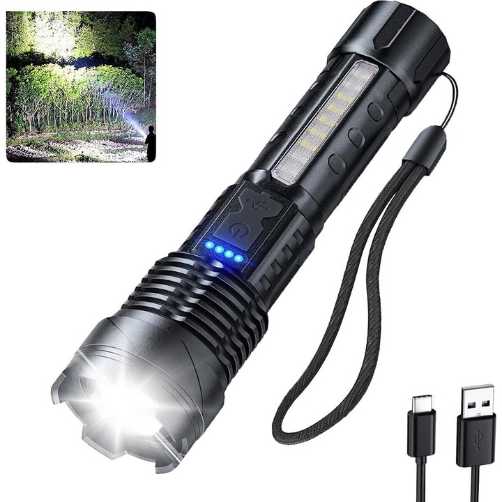 Lanterna LED, 800 lumeni, rezistenta la apa, zoom ajustabil, multicolor, 1000m