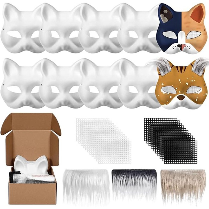 Set 10 masti pisica, carton alb, blana artificiala, plasa ochi, 19x16.5cm