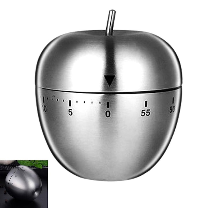 Timer mecanic pentru bucatarie, 6.5x7cm, otel inoxidabil, magnetic