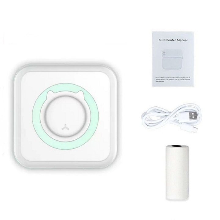 Mini hordozható hőnyomtató, Bluetooth kapcsolat, különféle nyomtatási módok, 1000 mAh lítium akkumulátor, 80 x 80 x 35 mm, kék