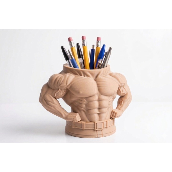 Suport haios corp musculos barbat, culoarea pielii, organizator creioane, pixuri si accesorii birou, cadou inedit si amuzant pentru pasionatii de fitness