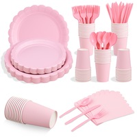 Set Vesela Petrecere Luxenesop cu Margini Decorative, Farfurii, Pahare, Tacamuri, Servetele, 210 Piese, 30 Persoane, Roz si Auriu, Aniversare Copii, Baby Shower, Evenimente Festive