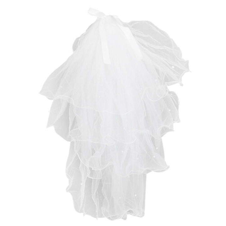 Къс булчински воал с панделка с мъниста и гребен, бял