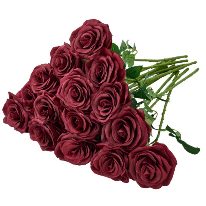 12 darabos szett, hosszú szárú műrózsák, valósághű megjelenés, hajlítható dróttal, fej átmérője 9 cm, teljes hossza 50 cm, bordó