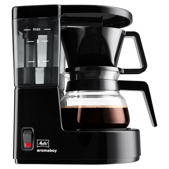 Melitta Aromaboy – aparat mic de cafea cu filtru cu cana de sticla, pentru pana la 2 cani de cafea, in negru