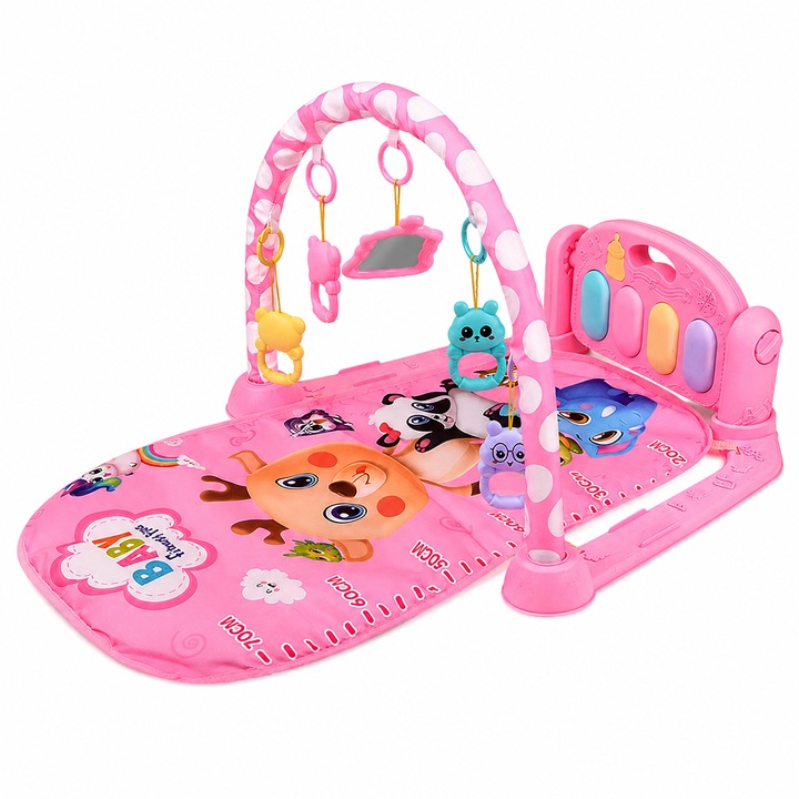 Rózsaszín-Kék Babajáték Központ – Játszószőnyeg Zongorával a Lábaknak, 5 Függő Játék, Íves Keret, Rózsaszín, 77 x 56 x 42 cm, 0+ Hónap