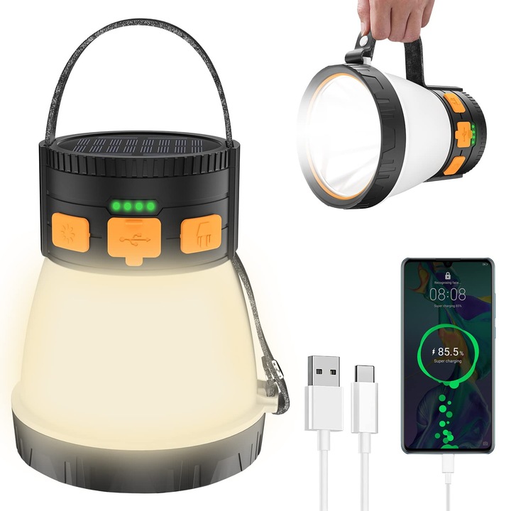Къмпинг фенер LED AVAKKER®, 1500 лумена, презареждаем чрез USB и соларен панел, 7500mAh батерия с функция Power Bank, 8 режима на осветление, водоустойчив, черен/оранжев