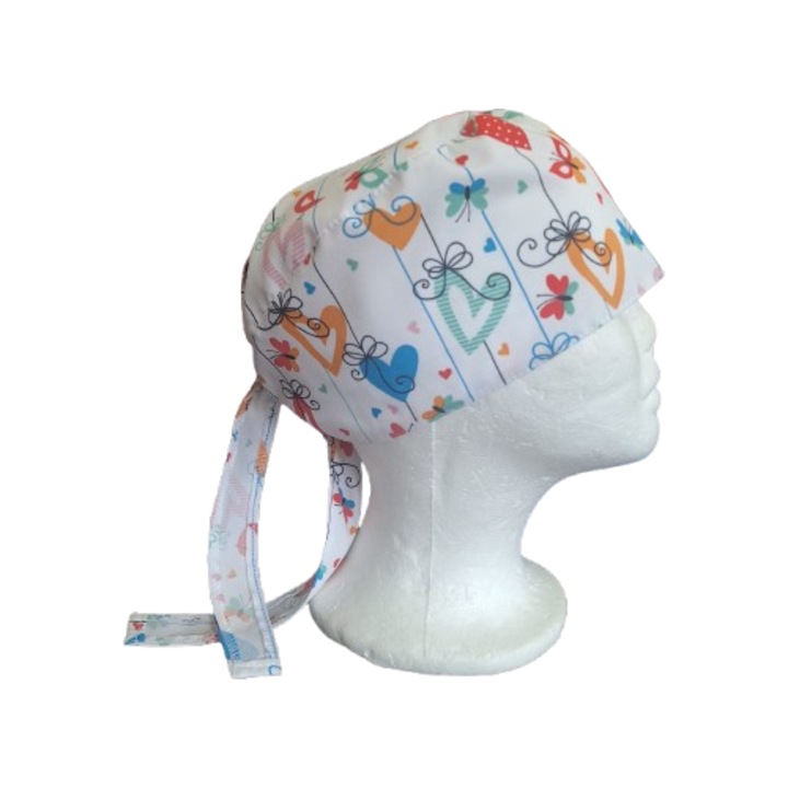 Boneta medicala, Tercot, Alb cu inimioare si fluturi, Marime universala