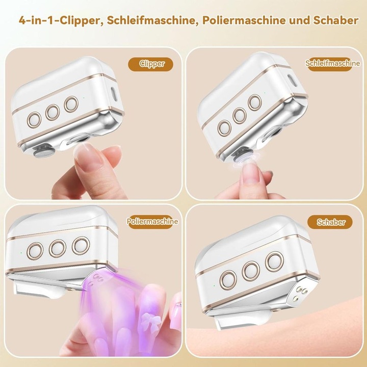 Elektromos körömvágó 4 az 1-ben LED-del, beépített porszívóval, 3 sebességgel, USB-C töltéssel, fehér