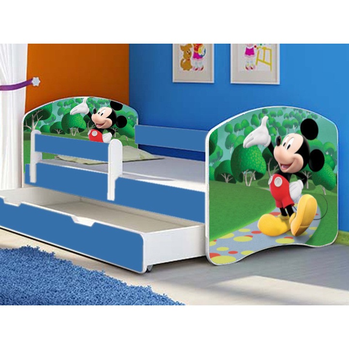 Pat copii Mickey cu sertar, 2-6 ani, alb-albastru, cu saltea inclusa