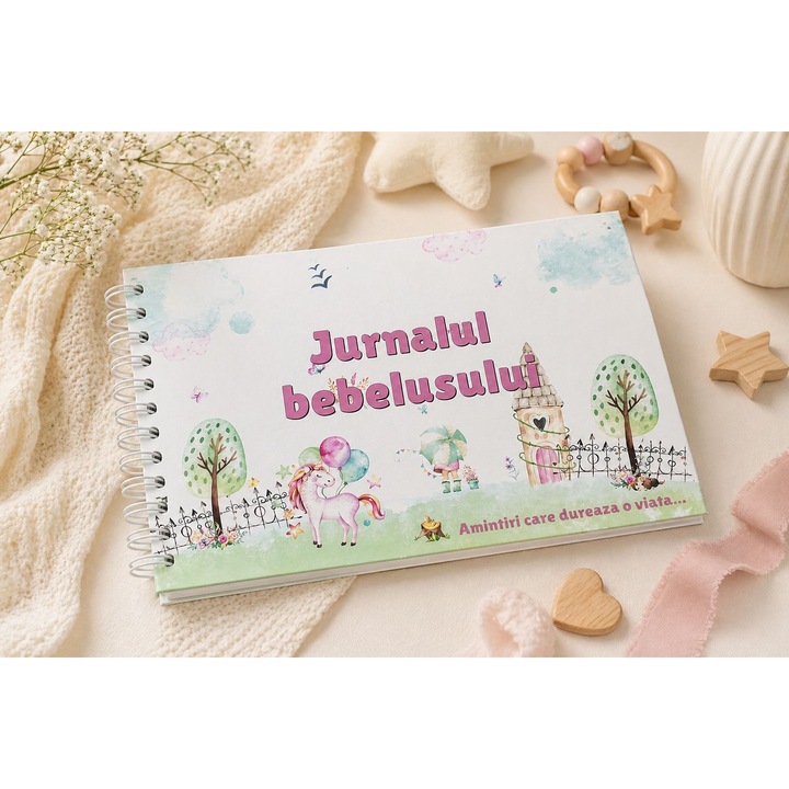 Jurnalul bebelusului, agenda de completat cu amintirile bebelusului din primul an de viata, 78 pagini, coperta roz