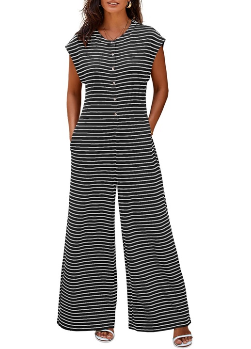 Salopete Dama Vara cu Dungi, Pantaloni Lati, Gat Rotund, Butoane, Tricot Vafe, Stil Casual, verde, Negru