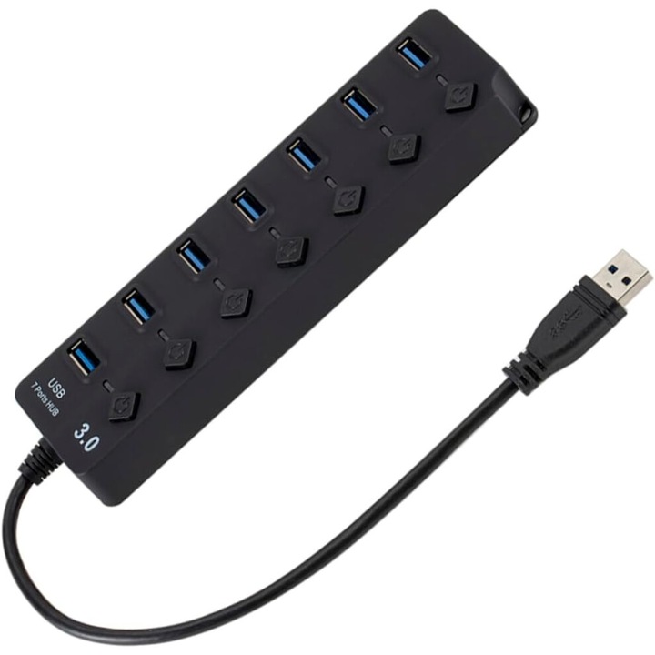 USB 3.0 хъб със 7 порта, черен, 17x4.5x2см, с индивидуален превключвател
