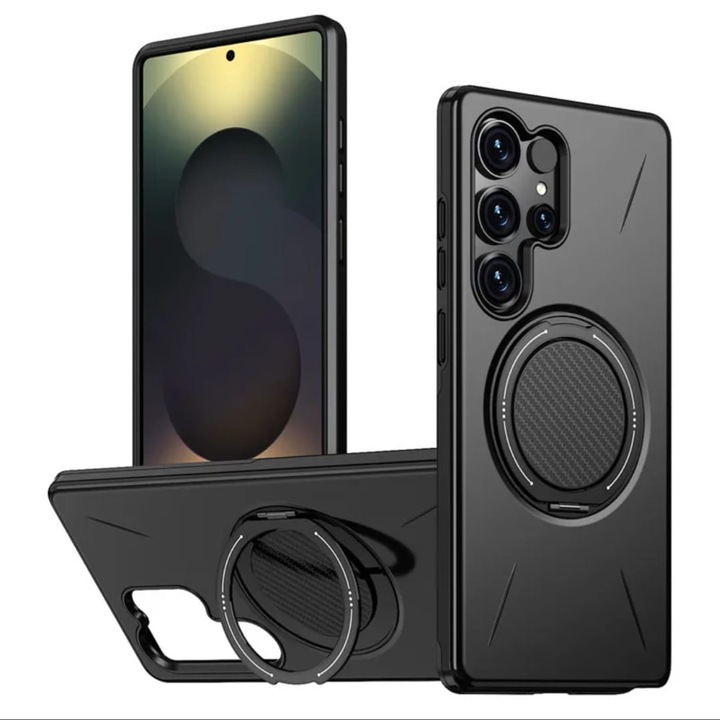 Калъф за Samsung Galaxy S25 Ultra Магнитен с ринг стойка, TPU + твърд поликарбонатна защита, видео поддръжка, защита на бутоните, противоударен, черен