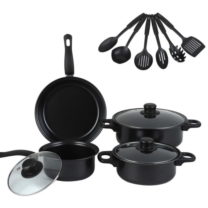 Set bucatarie oale si tigai, 13 piese, antiaderente, rezistete la caldura, negru