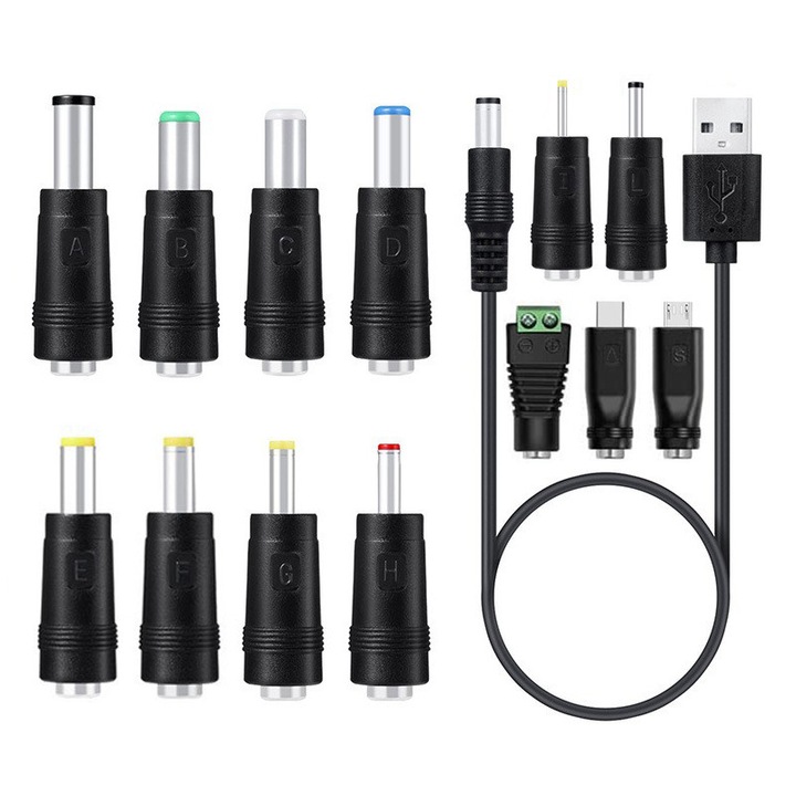 Set 11 adaptoare universale, DANATI, 1 cablu de alimentare USB, cu mufa 5x2.5mm interschimbabila Compatibil si cu 5.5x2.1mm, 11 dimensiuni, Plug and play, 5V, 1A, Ventilator/LED/Telefon, Negru