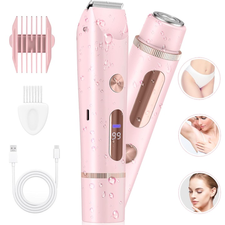 Aparat De Tuns Bikini Pentru Femei, Aparat De Ras Electric 2 In 1 Cu Capete Duble, Utilizare Umeda Si Uscata, Reincarcabile Fara Fir Pentru Fata, Pubian, Axile Si Picioare, Rezistent La Apa IPX7