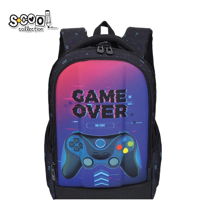 S-Cool fiú hátizsák, Gaming Game Over modell, 45x32x16.5 cm, fekete/kék