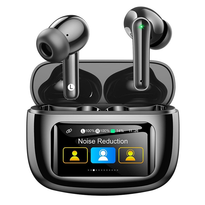Vezeték nélküli Bluetooth fülhallgató, KINSI, In-ear, Színes LCD kijelző, Érintésvezérlés, Zajszűrés, Equalizer, Vízálló, Hosszú üzemidő, Fekete