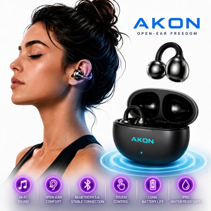 Casti Wireless Clip-On AKON® M91, Bluetooth 5.4, Audio HD, Fara fir, Sunet Stereo, Control Tactil, Afisaj Digital LED, Izolare Zgomot, Autonomie 24 ore, pentru Sport, Gaming, Muzica si Apeluri, Compatibile Android & iPhone, Negru