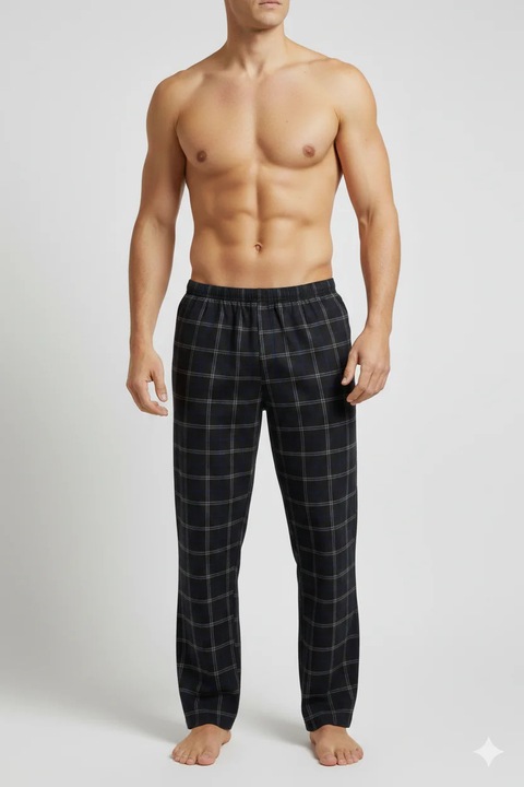 Pantaloni lungi de pijama barbatesti cu elastic in talie, imprimeu negru cu dungi colorate