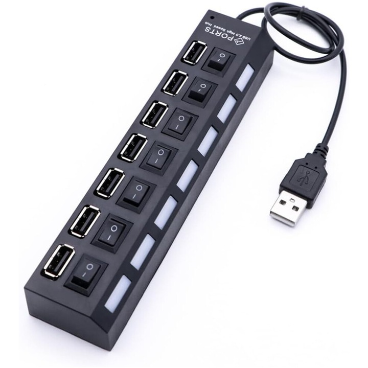 USB elosztó, 7 portos, fekete, 16.6x3.7x2.5cm, egyedi tápellátással és LED indikátorral