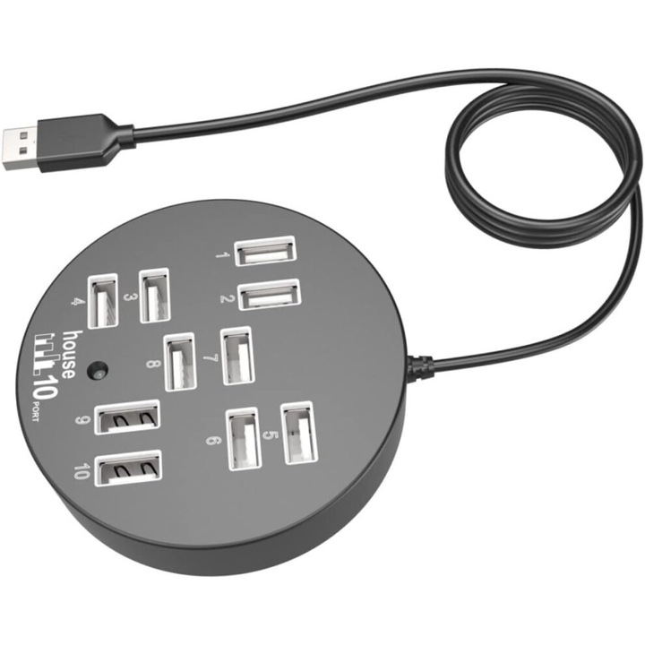USB хъб 10 порта черен 8x8x2см за лаптоп