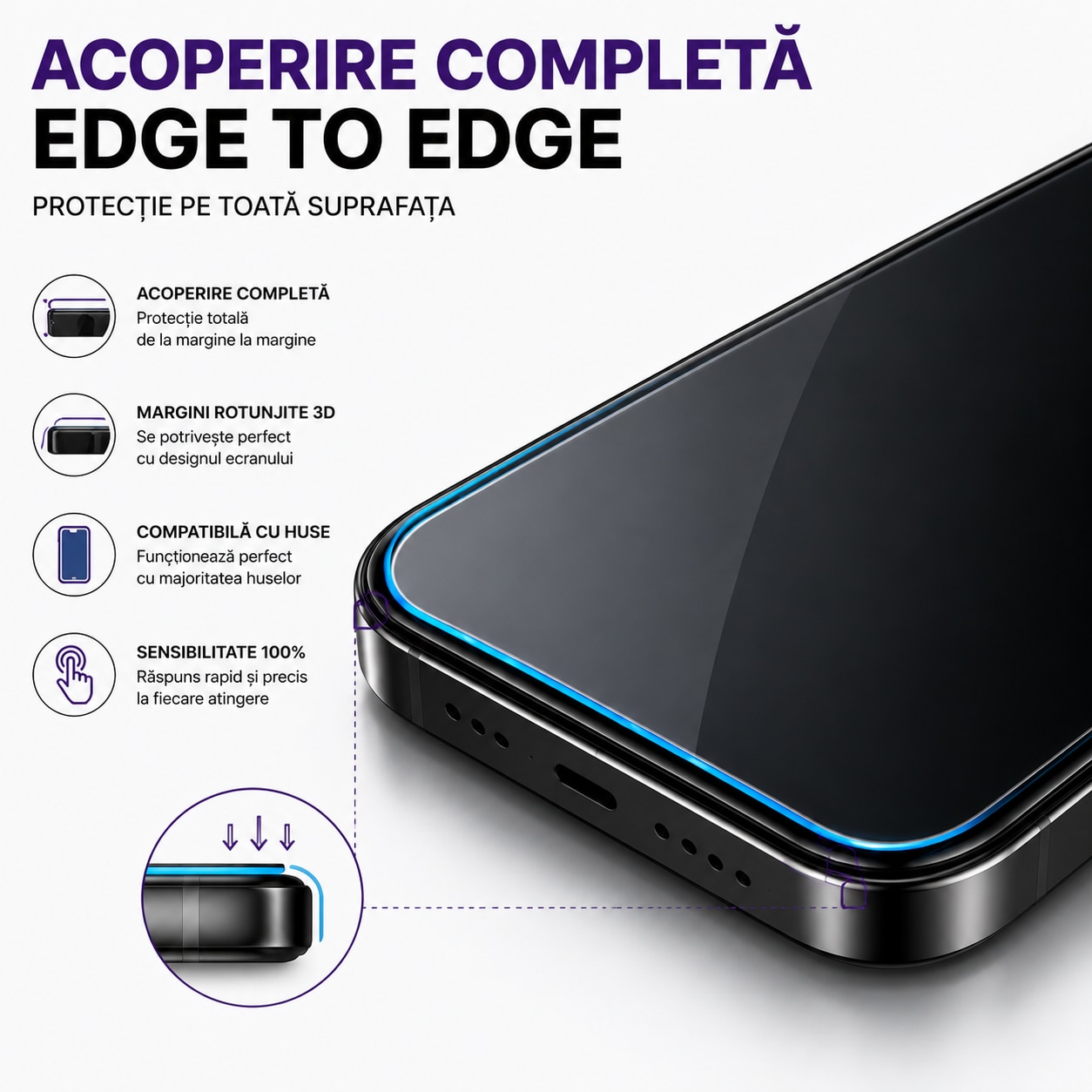 Folie Sticla pentru Samsung Galaxy A57, Full Glue, Aplicare Automata cu Aplicator Inclus, Anti-Zgarieturi, Negru