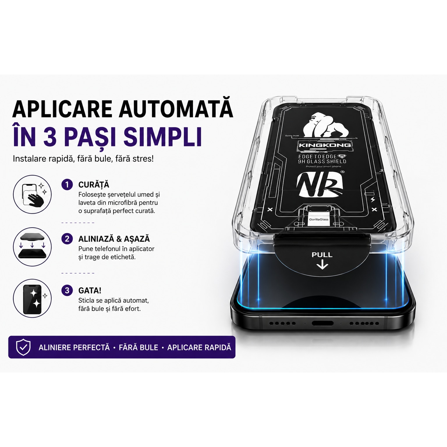 Folie Sticla pentru Samsung Galaxy A57, Full Glue, Aplicare Automata cu Aplicator Inclus, Anti-Zgarieturi, Negru