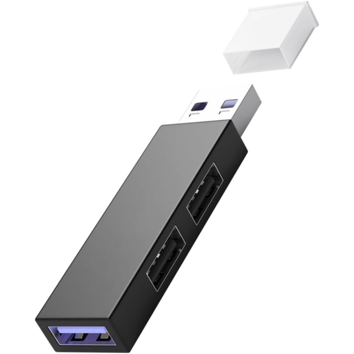 USB хъб с 3 порта, черен, 7x1.8x0.9см, стабилен, издръжлив