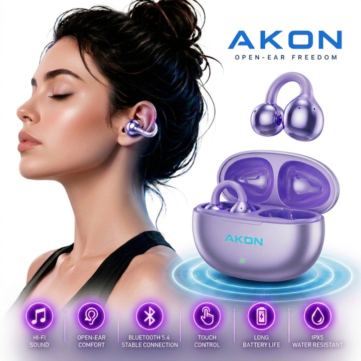 Casti Wireless Clip-On AKON® M91, Bluetooth 5.4, Audio HD, Fara fir, Sunet Stereo, Control Tactil, Afisaj Digital LED, Izolare Zgomot, Autonomie 24 ore, pentru Sport, Gaming, Muzica si Apeluri, Compatibile Android & iPhone, Mov