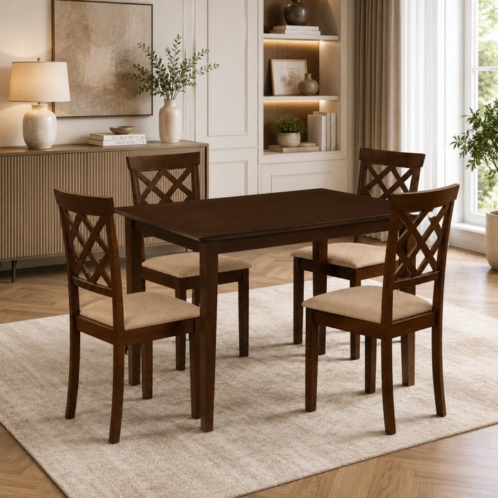 Set masa dining si bucatarie Drimus Bali, MDF, 112x72x74 cm si 4 scaune Vienna, lemn masiv, stofa, nuc/bej