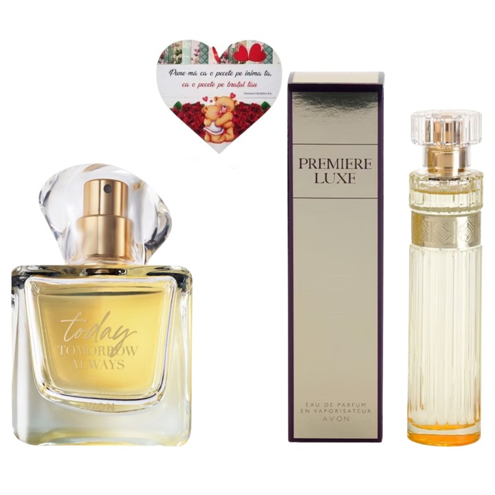 Set AVON Premiere Luxe & Today – Apa de parfum Premiere Luxe 50 ml + Parfum Today 50 ml + Inimioara magnetica, eleganta si feminitate