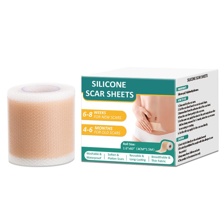 Plasturi din silicon pentru cicatrici, KATITFENXK®, Plasturi din silicon de calitate medicala profesionala, Reutilizabili, potriviti pentru cheloide, Cicatrici chirurgicale, Cicatrici de cezariana si arsuri, 4 cm x 150 cm, Culoare nude