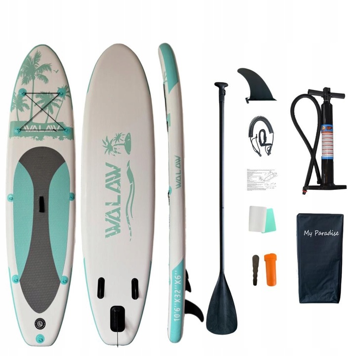 Felfújható PALM BEACH SUP deszka 320 × 81 × 15 cm – evezővel, pumpával, hordtáskával (hátizsákkal), szkeggel és biztonsági bokapánttal (leash)