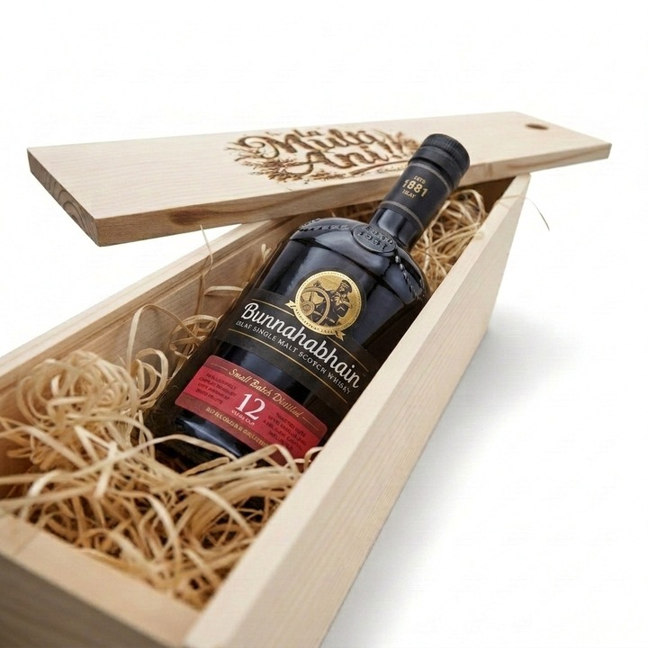 Pachet Cadou Cutie Lemn Personalizata Whisky Bunnahabhain 12Ani 46.3%, 0.7L