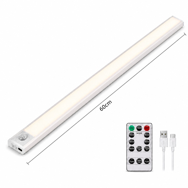 LED лампа за шкаф, 60 см, с датчик за движение, 3 регулируеми цвята на светлината, монтаж без пробиване с 3M лента и система със скоба, за кухня и спалня