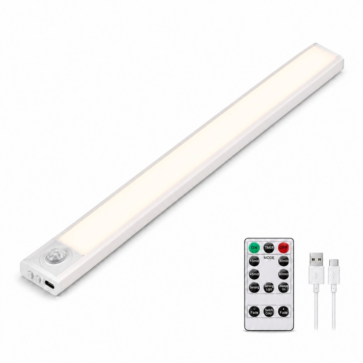 LED лампа за гардероб, 20 см, със сензор за движение, 3 регулируеми цвята на светлината, монтаж без пробиване с 3M лента и система със скоба, за кухня и спалня