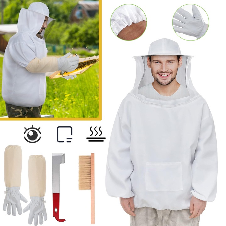 Costum De Protectie Pentru Apicultor Cu Manusi, Razuitor, Perii Pentru Stup, Costum Apicol, Imbracaminte Apicola, Jacheta Apicola Cu Gluga Si Voal, Echipament Apicol Profesional Pentru Curte Si Ferma