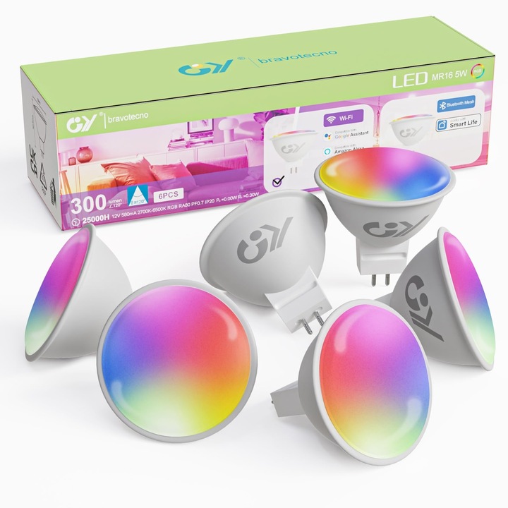 Комплект от 6 интелигентни крушки GY GU10, WiFi + Bluetooth, RGB+CCT, 7W, 500 lm, регулируема светлина 3000K-6500K, съвместими с Alexa и Google Home, Енергиен клас F, Пластмаса, цвят Бял