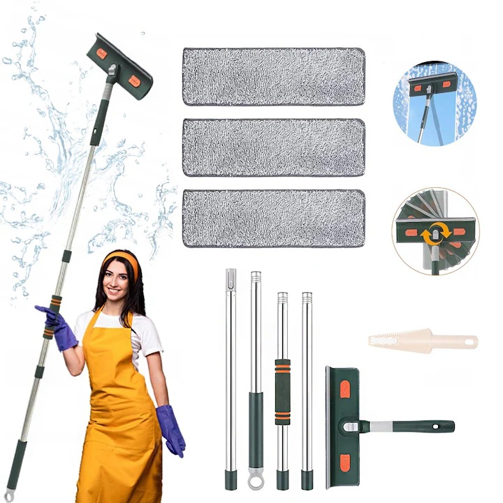 Curatator geamuri telescopic 2 in 1, Puepoul, spalare si racleta silicon, cap rotativ 180°, tija inox reglabila 71-170 cm, 3 lavete microfibra, 615g, usor, verde, pentru geamuri, dus, faianta, masina