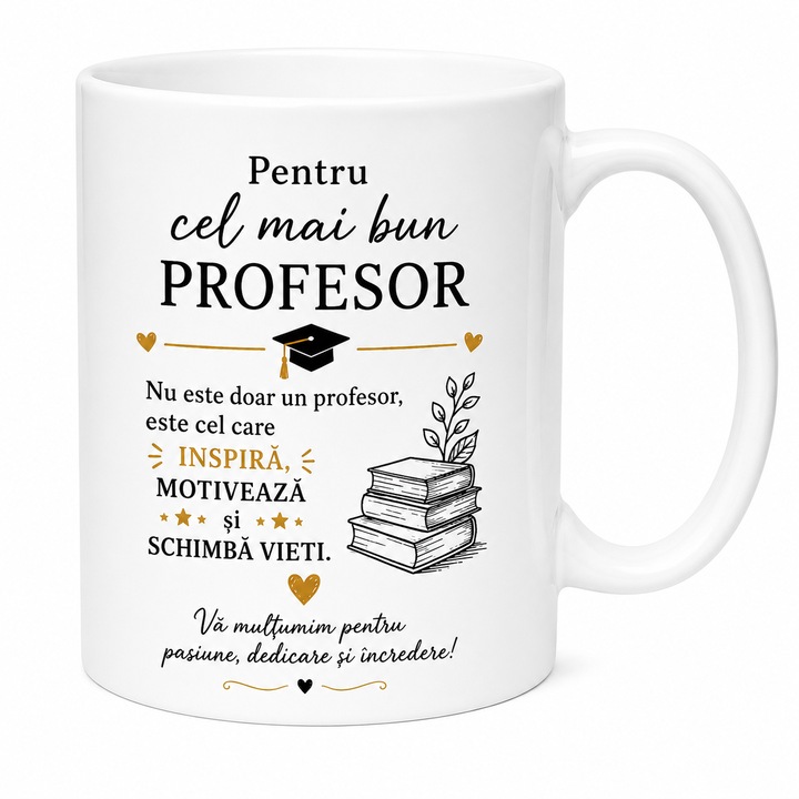 Cana Personalizata pentru Profesor – “Pentru Cel Mai Bun Profesor” – Cadou Cadru Didactic, Scoala, Diriginte – Ceramica 330 ml, Alba